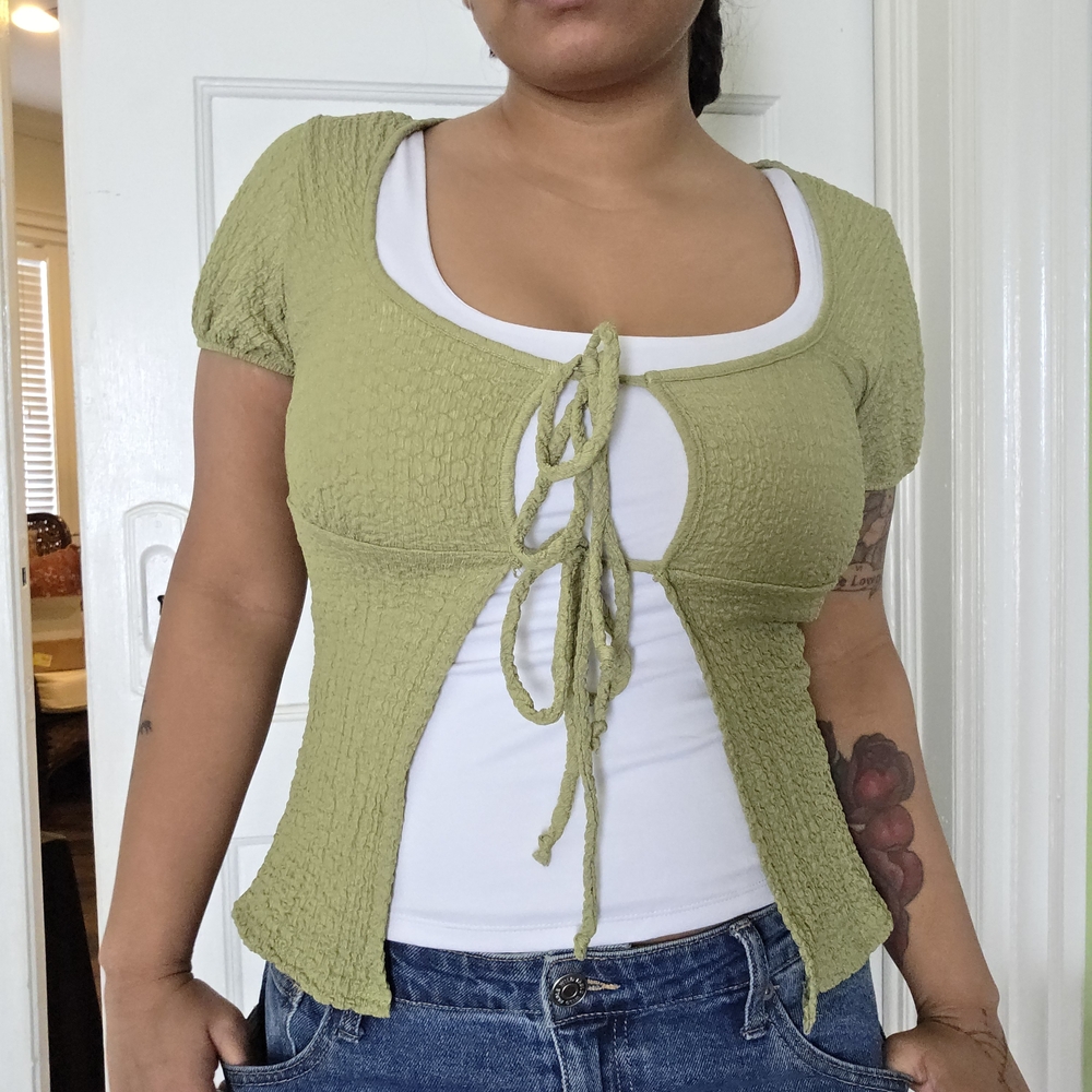 Green Tie Front Peplum Fairycore Cottagecore Short Sleeve Top